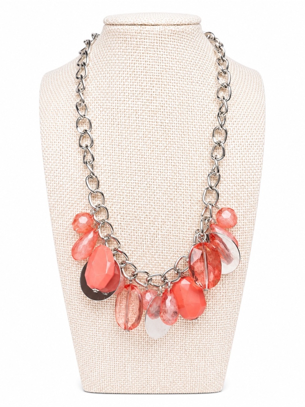 Elegant Silver and Coral Red Beaded Necklace Modern Edgy Statement Charms